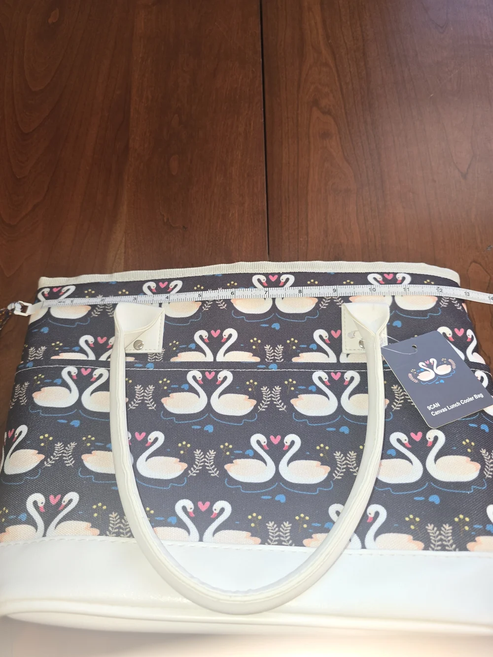 9Can Canvas Swan Print Insulated Tote Bag with Cream Trim, New with tags!